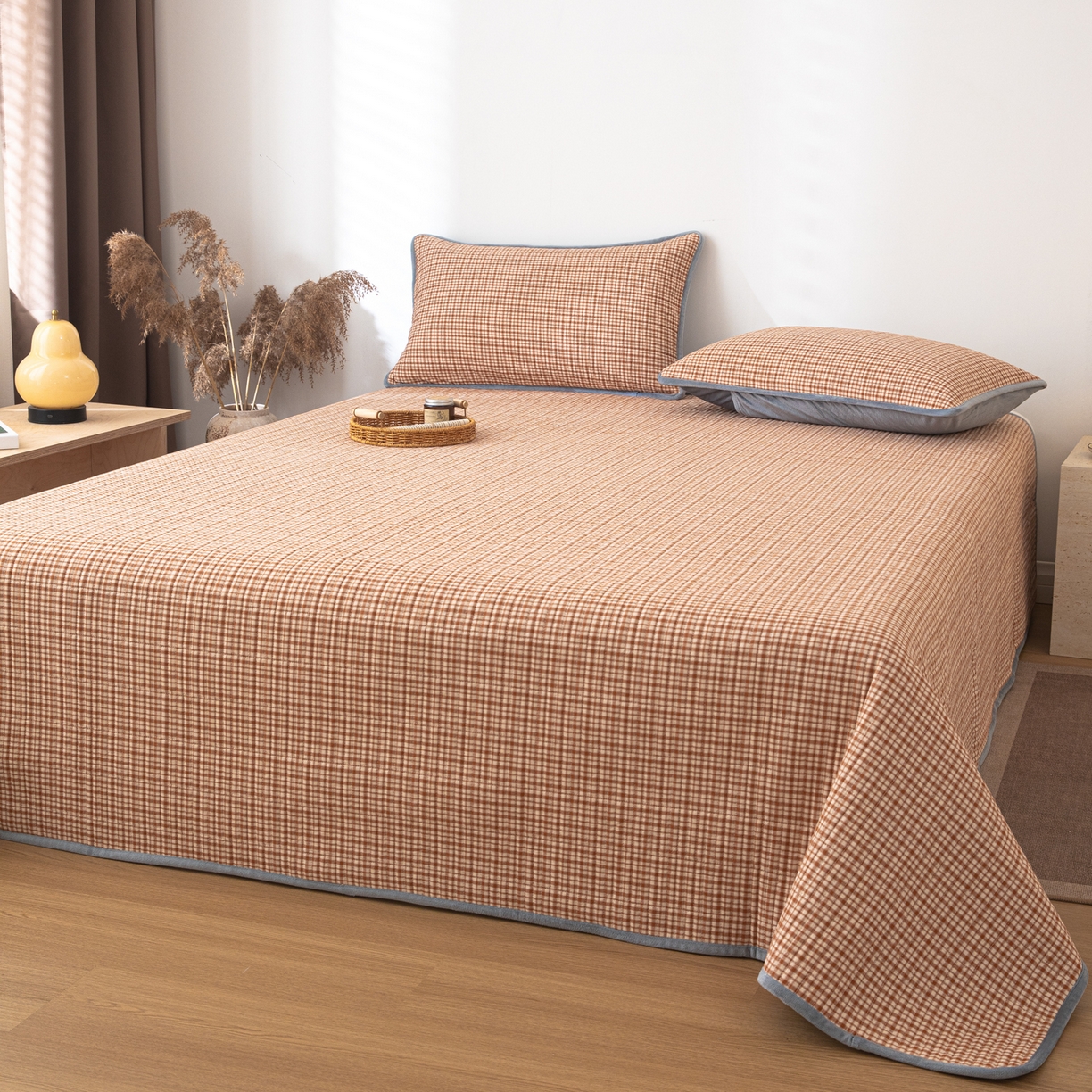 91家纺网 家纺一手货源 找家纺 简宜家居（朝初家纺） 2025新款全棉纯棉色织水洗棉床盖 华夫格橙