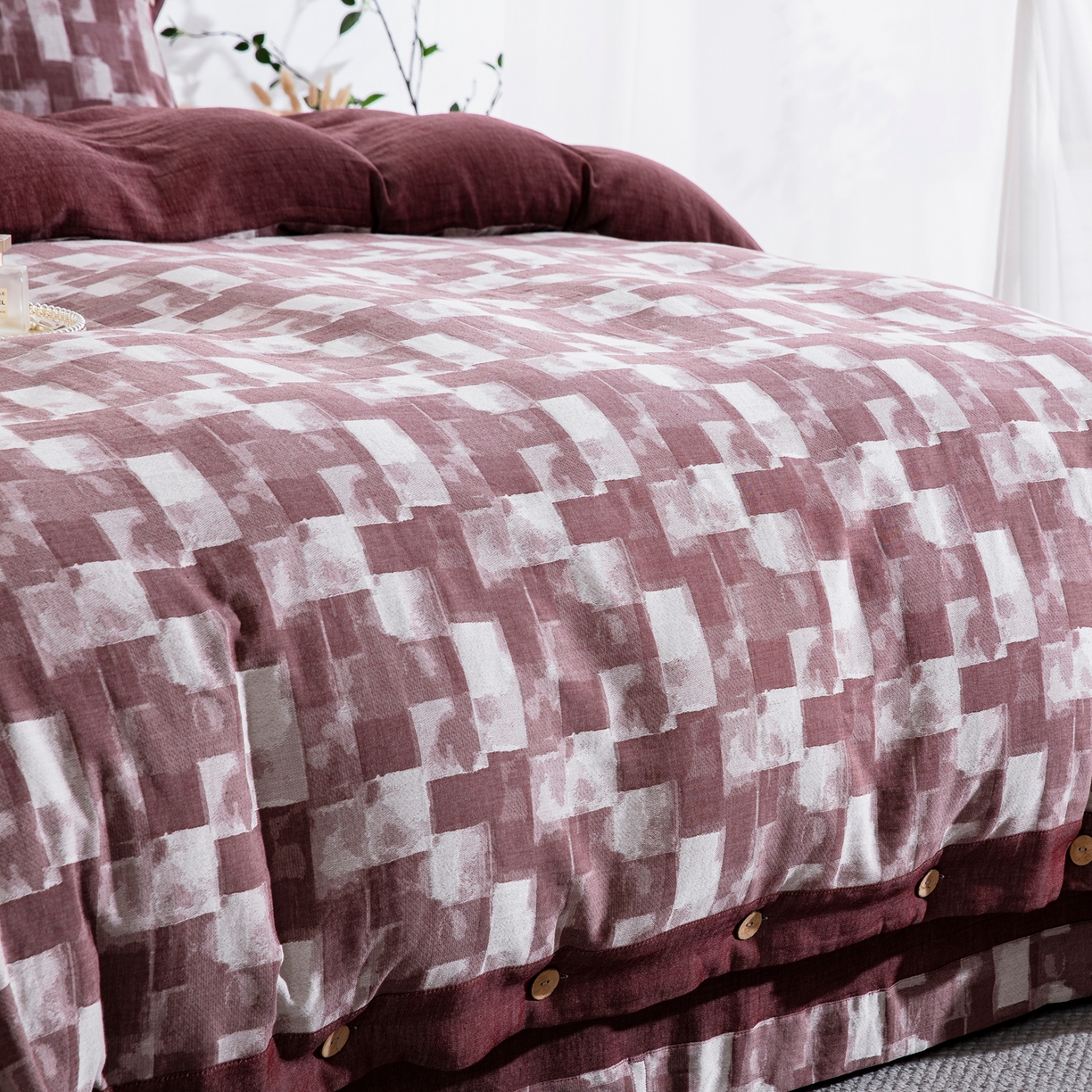 91家纺网 家纺一手货源 找家纺 双层纱家居 2025新款全棉色织提花四件套-都市万象 都市万象-豆沙