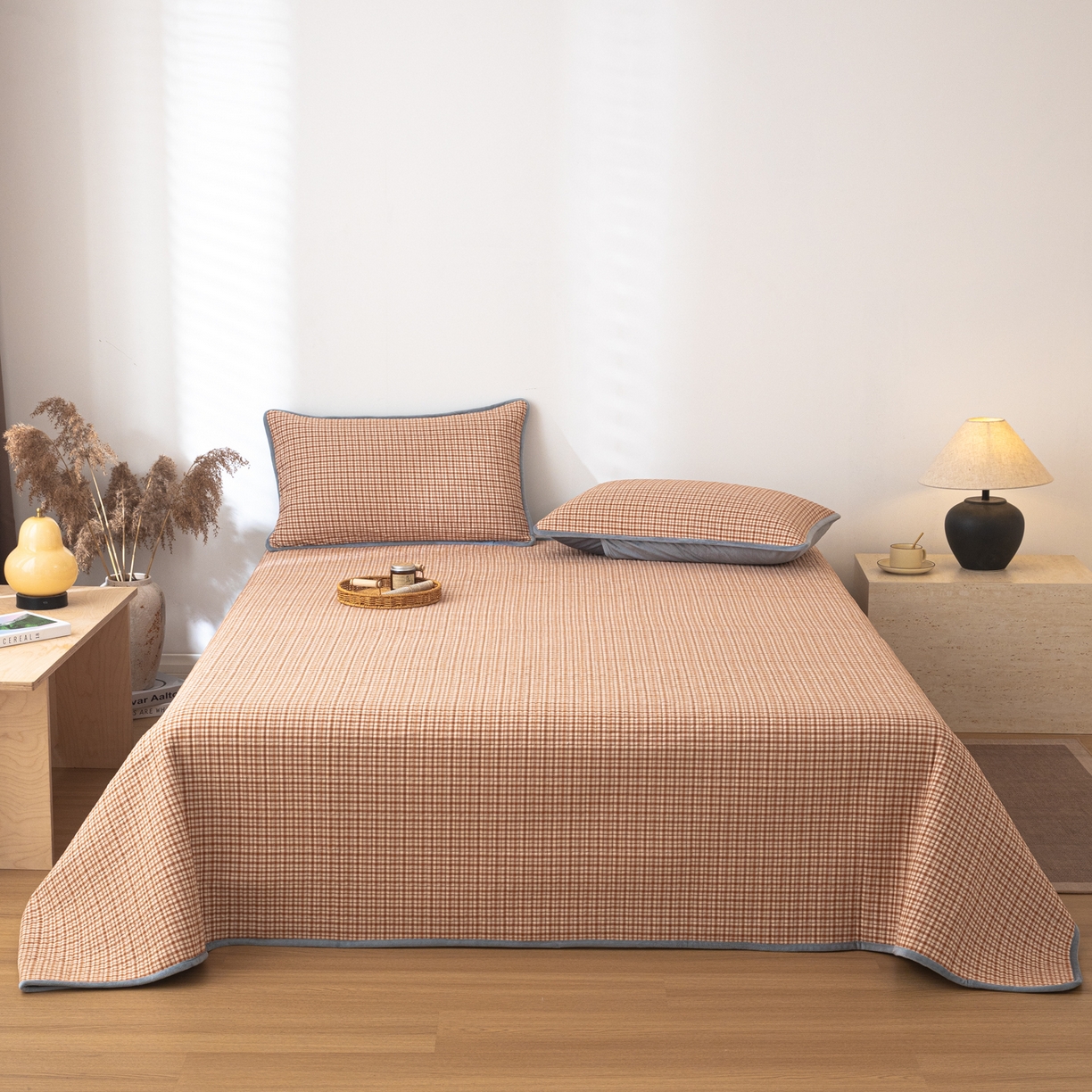 91家纺网 家纺一手货源 找家纺 简宜家居（朝初家纺） 2025新款全棉纯棉色织水洗棉床盖 华夫格橙