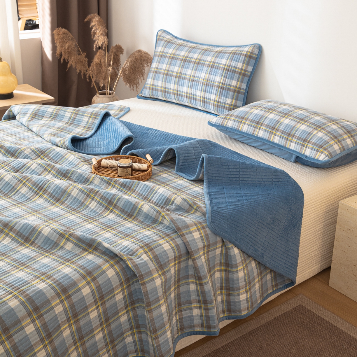 简宜家居（朝初家纺） 2025新款全棉纯棉色织水洗棉床盖 写意格蓝