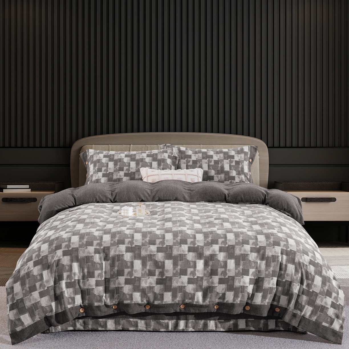 双层纱家居 2025新款全棉色织提花四件套-都市万象 都市万象-灰