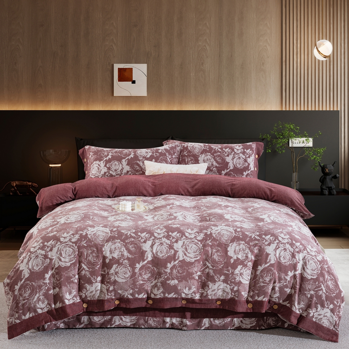 91家纺网 家纺一手货源 找家纺 （总）双层纱家居 2025新款全棉色织提花四件套-玫瑰庄园