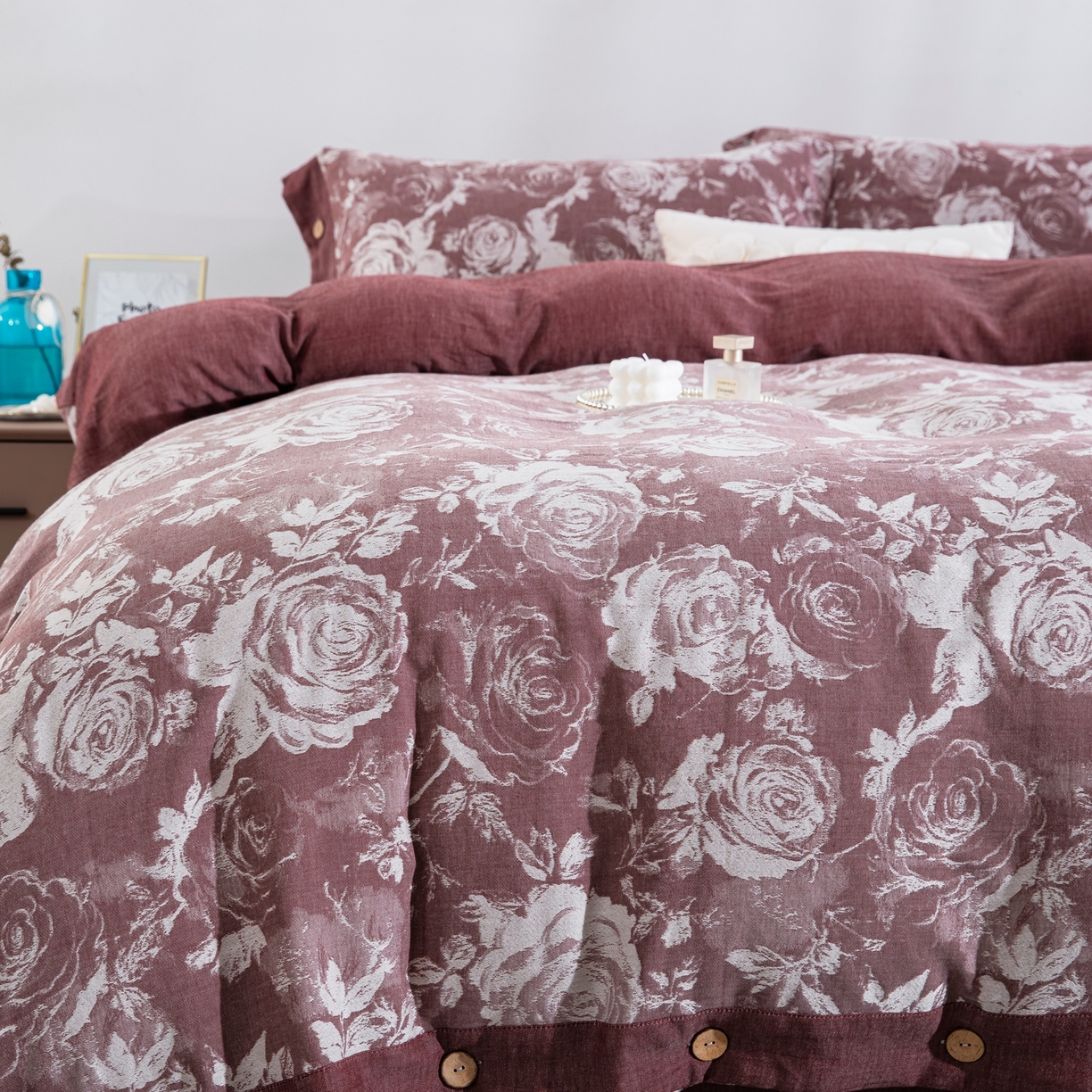 91家纺网 家纺一手货源 找家纺 （总）双层纱家居 2025新款全棉色织提花四件套-玫瑰庄园