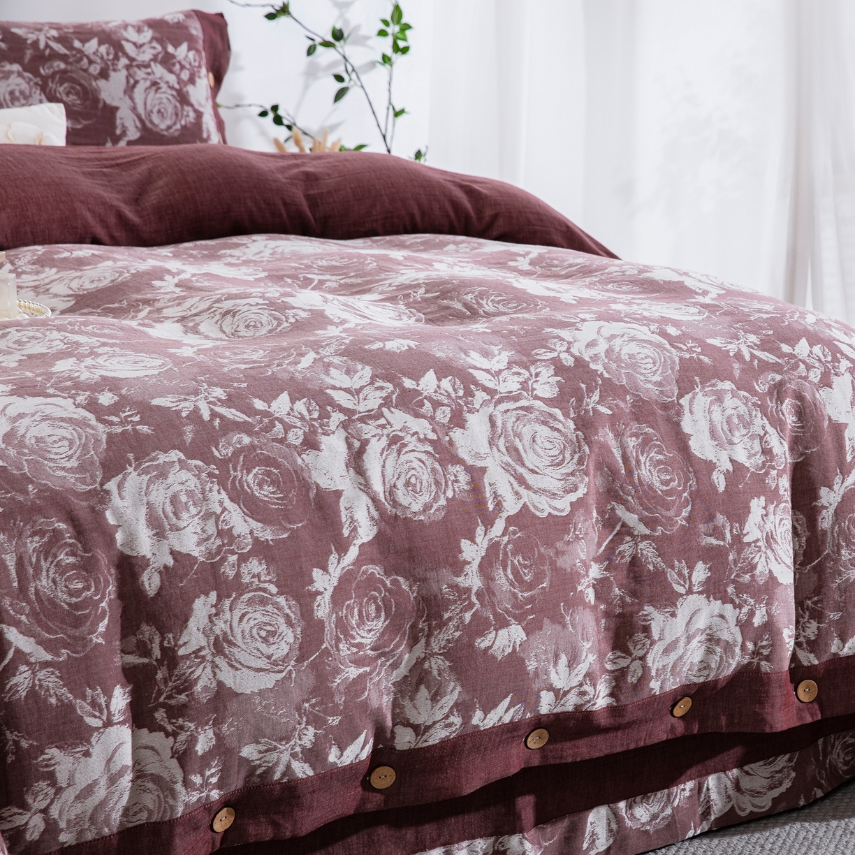 91家纺网 家纺一手货源 找家纺 （总）双层纱家居 2025新款全棉色织提花四件套-玫瑰庄园