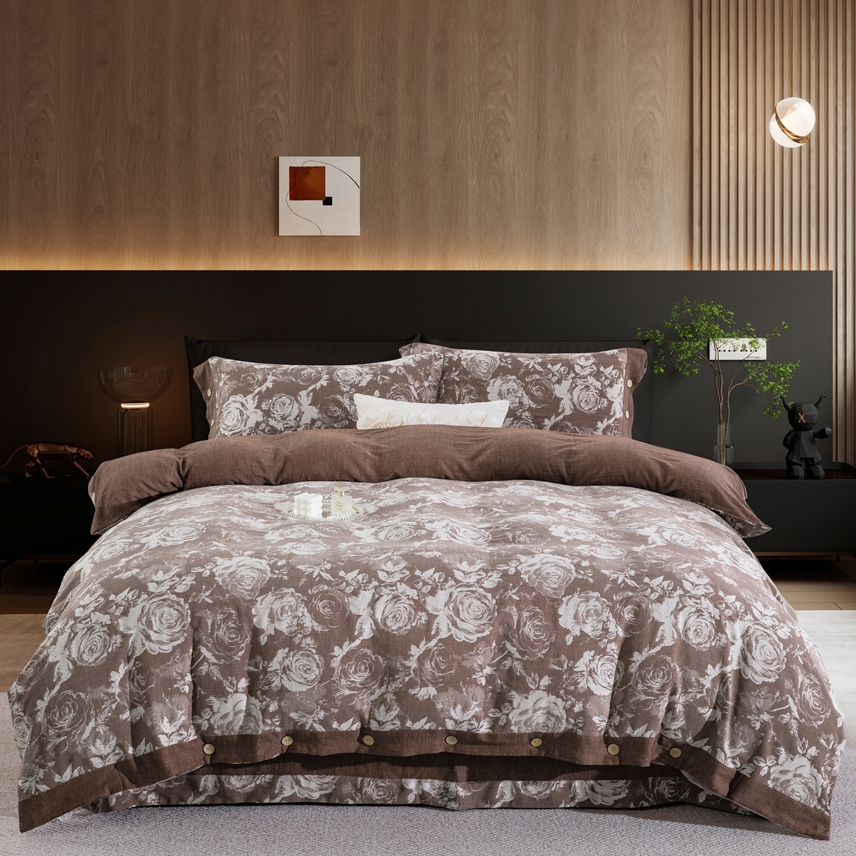 双层纱家居 2025新款全棉色织提花四件套-玫瑰庄园 玫瑰庄园-咖