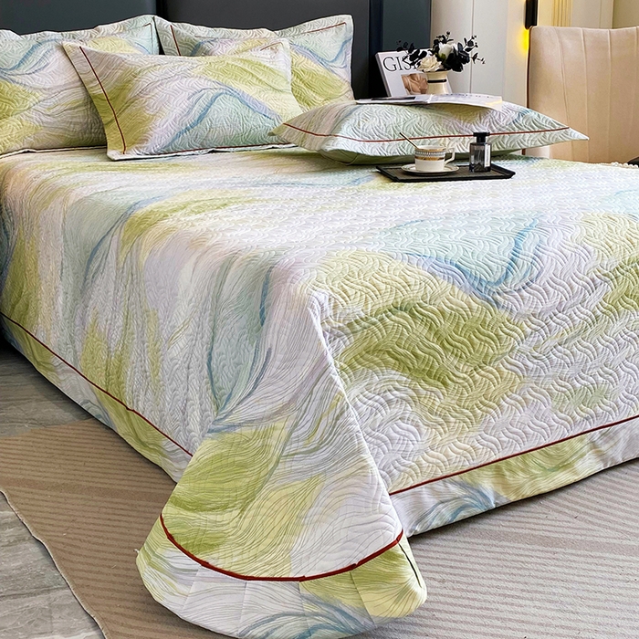 91家纺网 家纺一手货源 找家纺 畅畅家纺 2025春夏款13372全棉纯棉活性印花床盖夹棉加厚绗缝防滑床罩 时尚线条