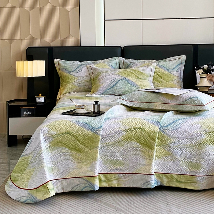 91家纺网 家纺一手货源 找家纺 畅畅家纺 2025春夏款13372全棉纯棉活性印花床盖夹棉加厚绗缝防滑床罩 时尚线条