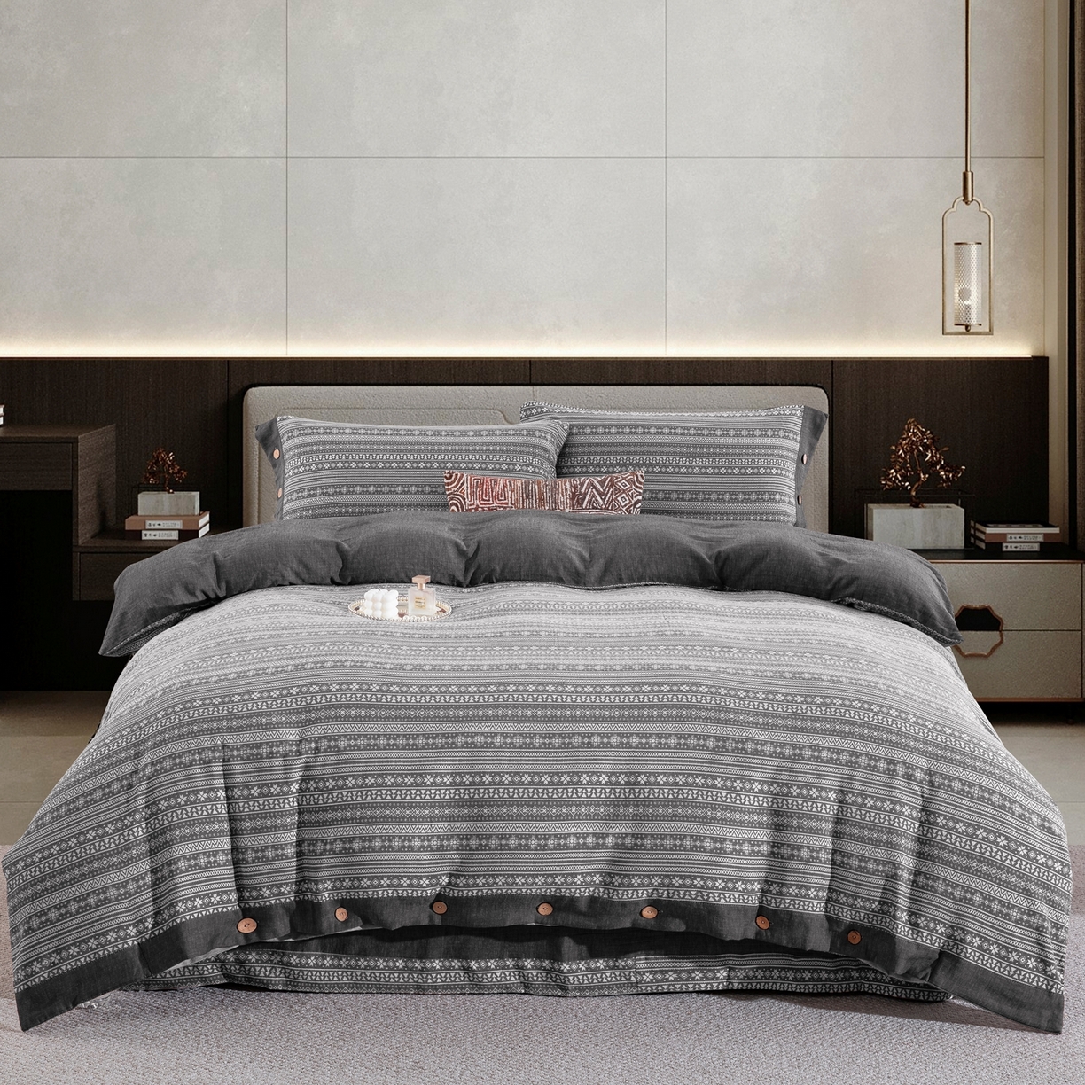 91家纺网 家纺一手货源 找家纺 双层纱家居 2025新款全棉色织提花四件套-布拉格 布拉格-灰