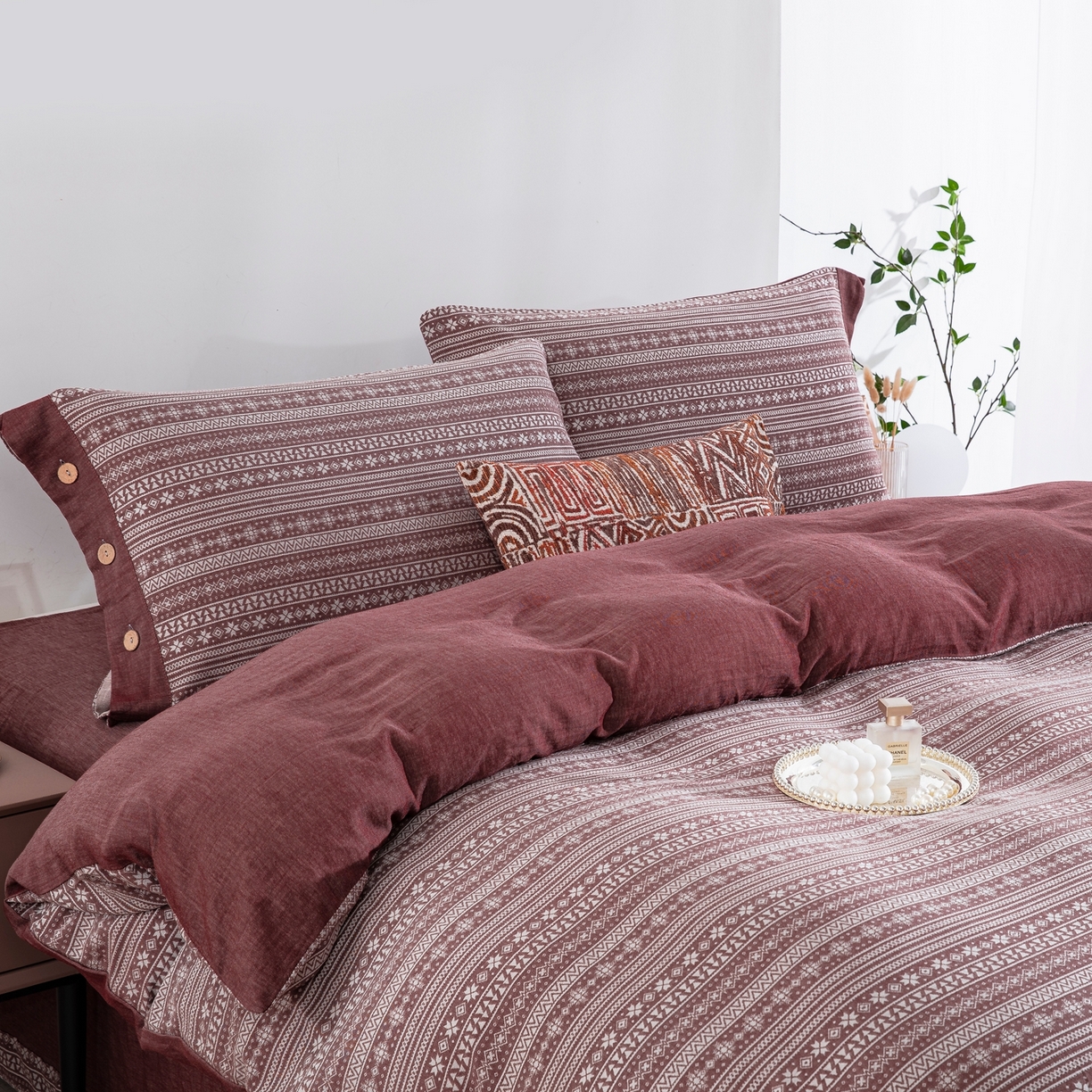 91家纺网 家纺一手货源 找家纺 双层纱家居 2025新款全棉色织提花四件套-布拉格 布拉格-豆沙