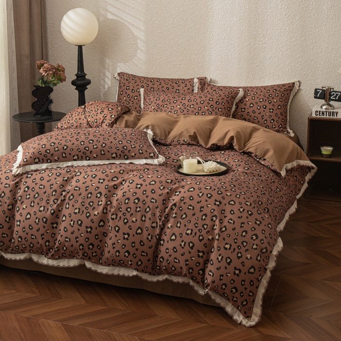 91家纺网 家纺一手货源 找家纺 优米家纺 2025新款A类加厚全棉纯棉磨毛提花四件套（提供买家秀） 豹纹（红）