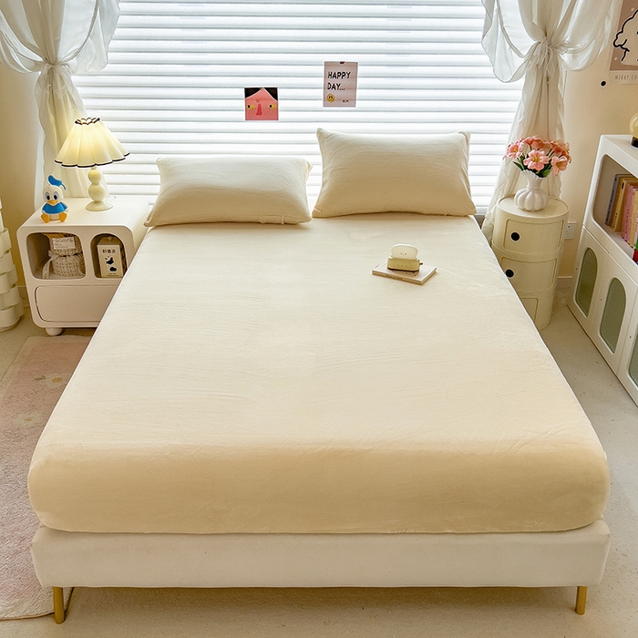 91家纺网 家纺一手货源 找家纺 丽美人家纺 2025秋冬新款牛奶绒纯色单床笠 茶花白