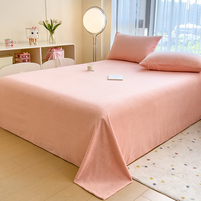 91家纺网 家纺一手货源 找家纺 丽美人家纺 2025秋冬新款牛奶绒纯色单床单 杜鹃粉