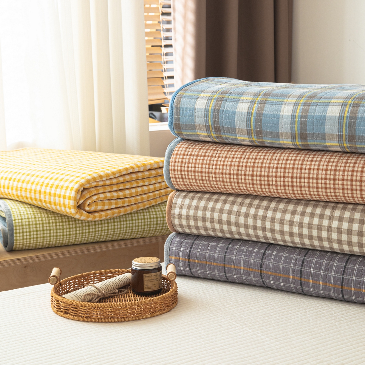 91家纺网 家纺一手货源 找家纺 简宜家居（朝初家纺） 2025新款全棉纯棉色织水洗棉床盖 组合图仅供参考