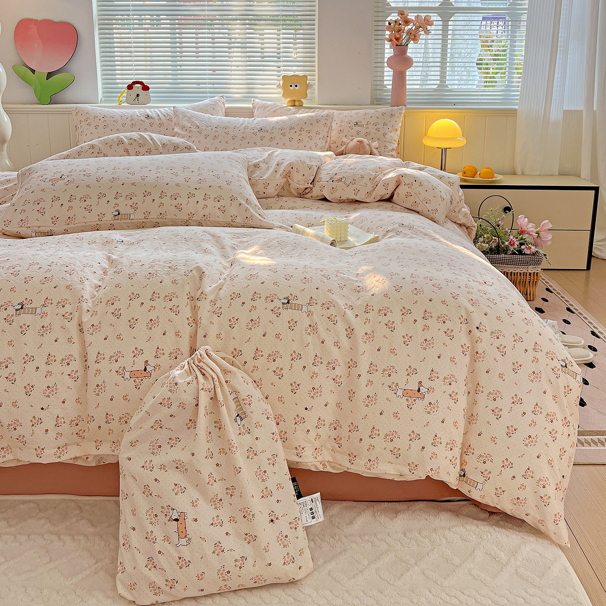 91家纺网 家纺一手货源 找家纺 （总）优选 2025新款加厚爆款小布袋韩国古法水洗棉床单学生三件套床笠款四件套