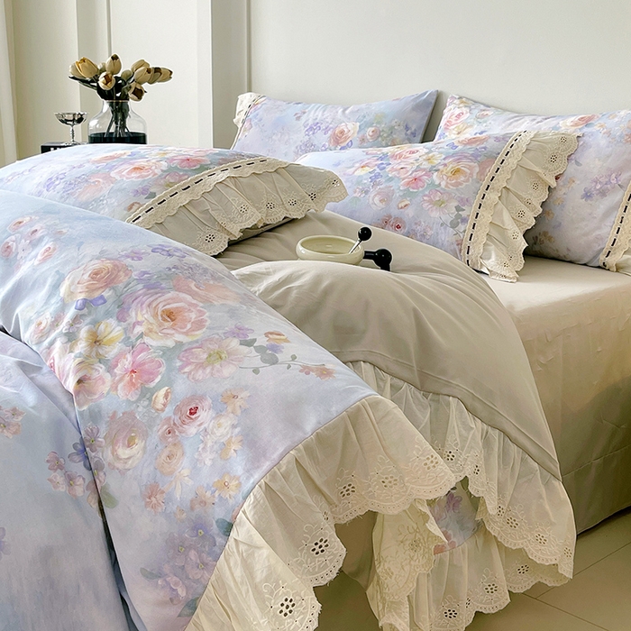 梧桐树 2025新款全棉印花四件套系列-花边款 H11芳华-蓝