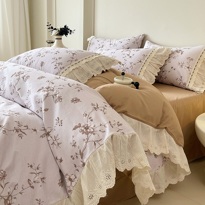 梧桐树 2025新款全棉印花四件套系列-花边款 H10半岛花茶-棕