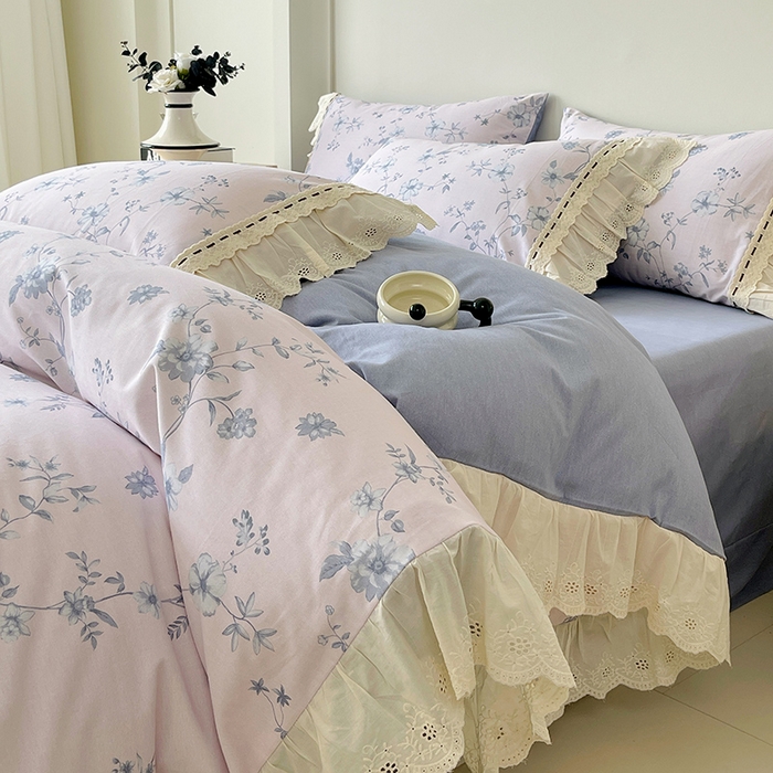 梧桐树 2025新款全棉印花四件套系列-花边款 H09半岛花茶-蓝