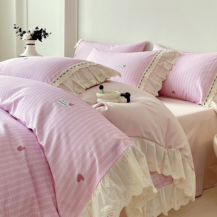 梧桐树 2025新款全棉印花四件套系列-花边款 H07露斯-粉