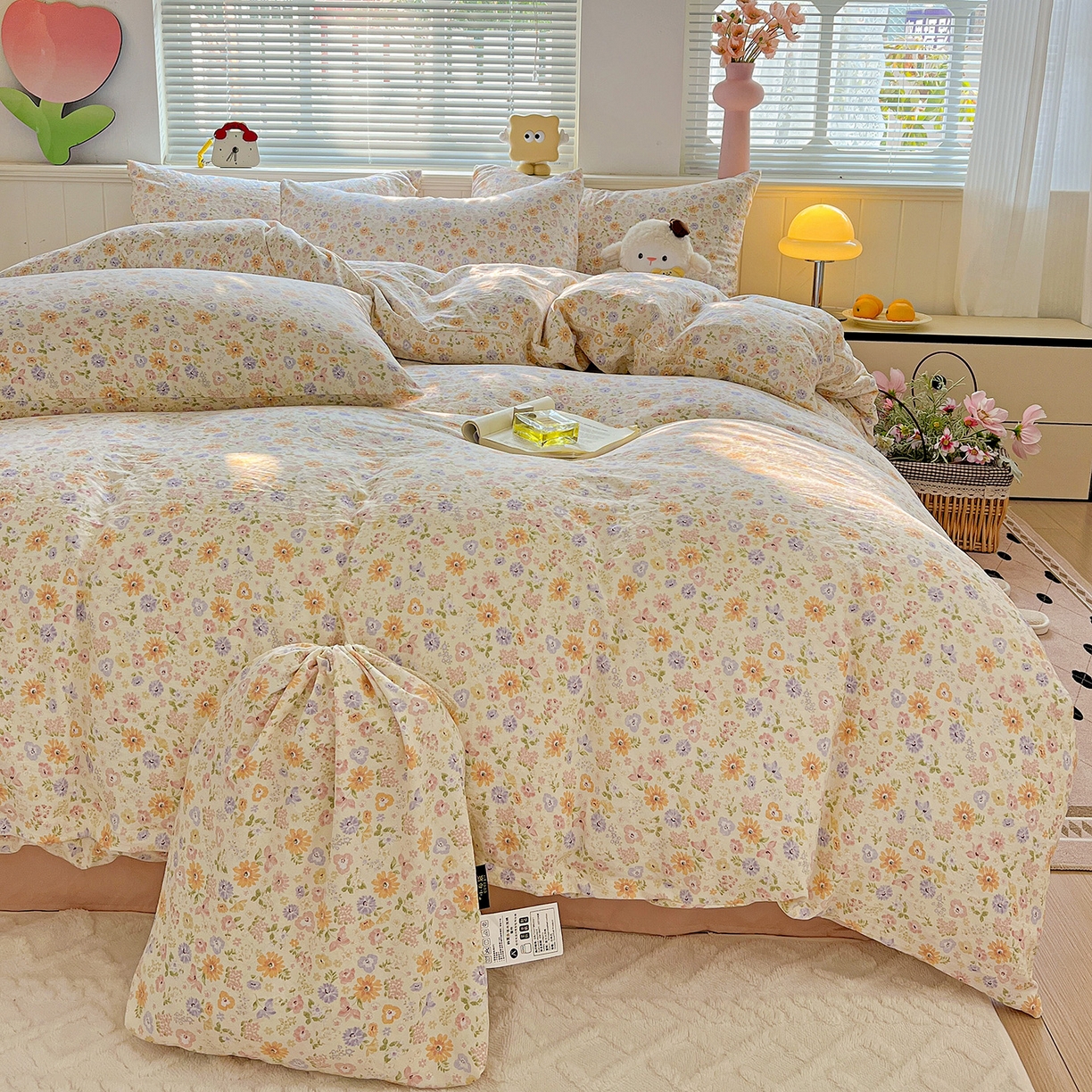 优选 2025新款加厚爆款小布袋韩国古法水洗棉床单学生三件套床笠款四件套 缤纷花舍