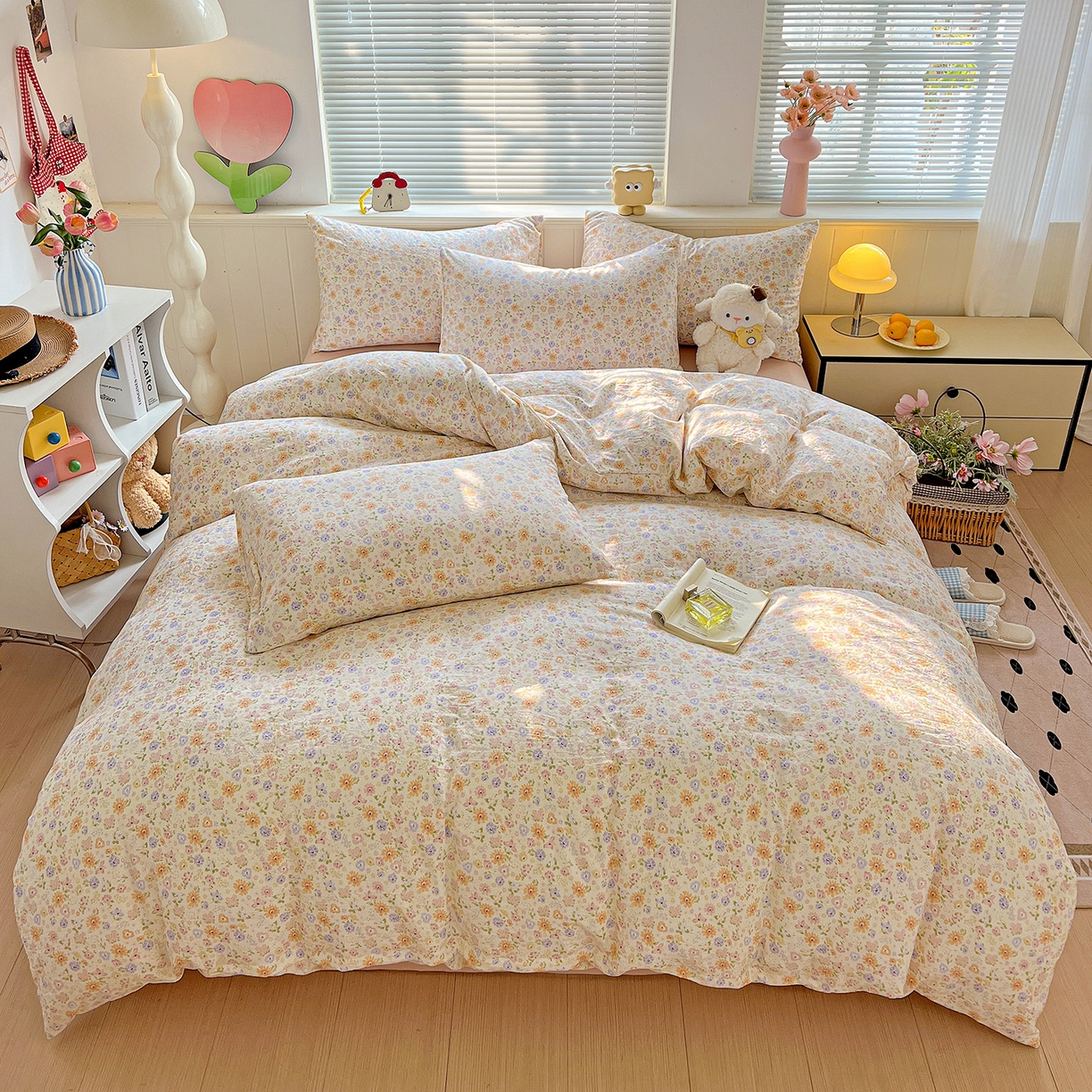 91家纺网 家纺一手货源 找家纺 优选 2025新款加厚爆款小布袋韩国古法水洗棉床单学生三件套床笠款四件套 缤纷花舍