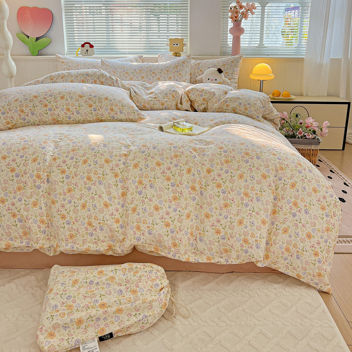 91家纺网 家纺一手货源 找家纺 优选 2025新款加厚爆款小布袋韩国古法水洗棉床单学生三件套床笠款四件套 缤纷花舍