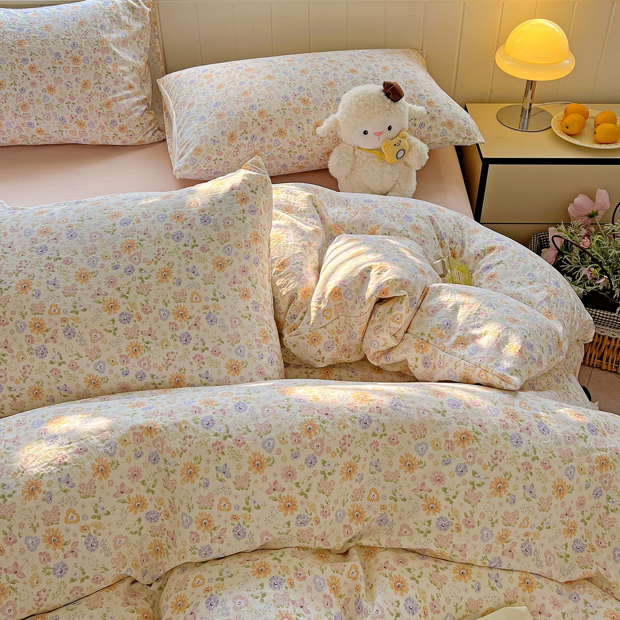 91家纺网 家纺一手货源 找家纺 优选 2025新款加厚爆款小布袋韩国古法水洗棉床单学生三件套床笠款四件套 缤纷花舍