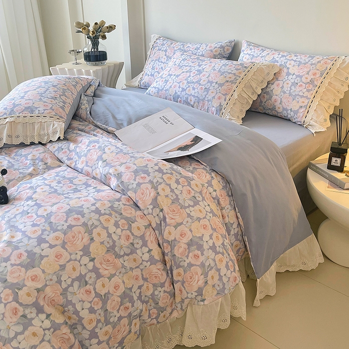 梧桐树 2025新款全棉印花四件套系列-花边款 H02露娜-蓝