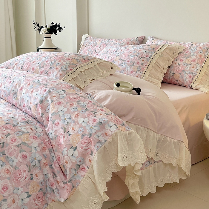 梧桐树 2025新款全棉印花四件套系列-花边款 H01露娜-粉