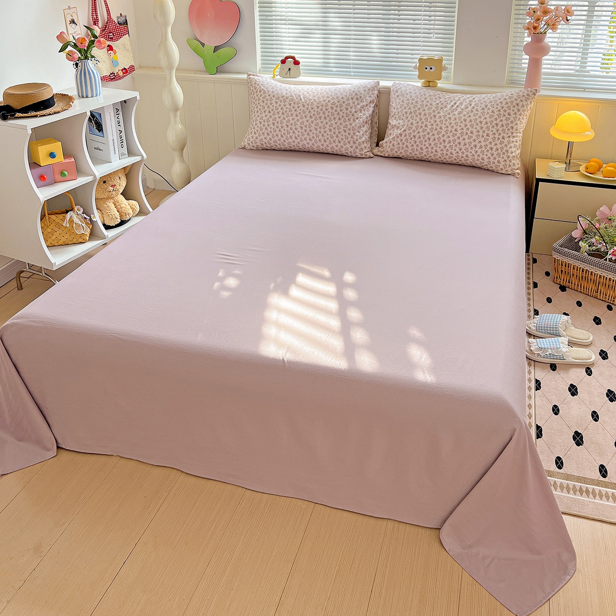 91家纺网 家纺一手货源 找家纺 优选 2025新款加厚爆款小布袋韩国古法水洗棉床单学生三件套床笠款四件套 春日花信