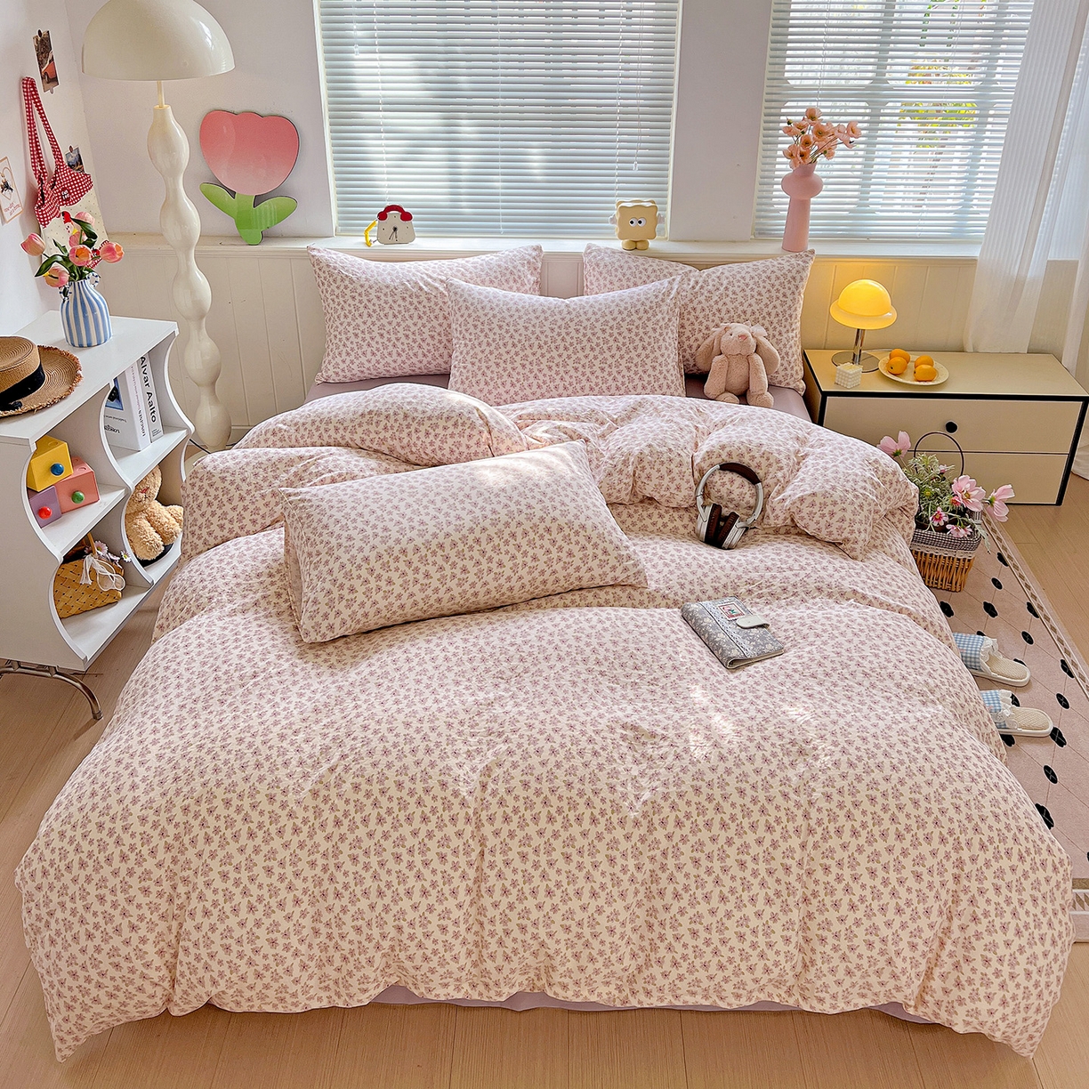 91家纺网 家纺一手货源 找家纺 优选 2025新款加厚爆款小布袋韩国古法水洗棉床单学生三件套床笠款四件套 春日花信