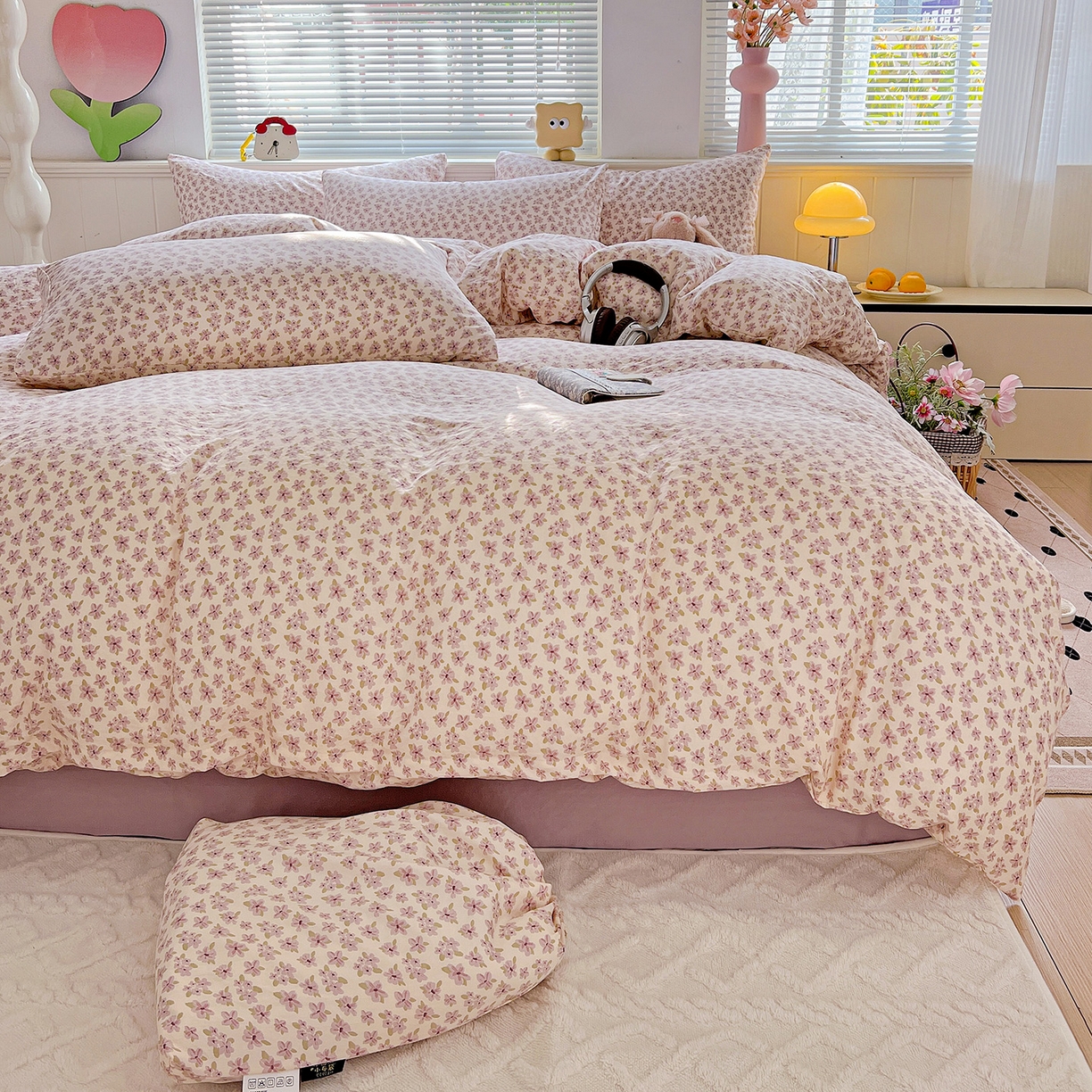 91家纺网 家纺一手货源 找家纺 优选 2025新款加厚爆款小布袋韩国古法水洗棉床单学生三件套床笠款四件套 春日花信