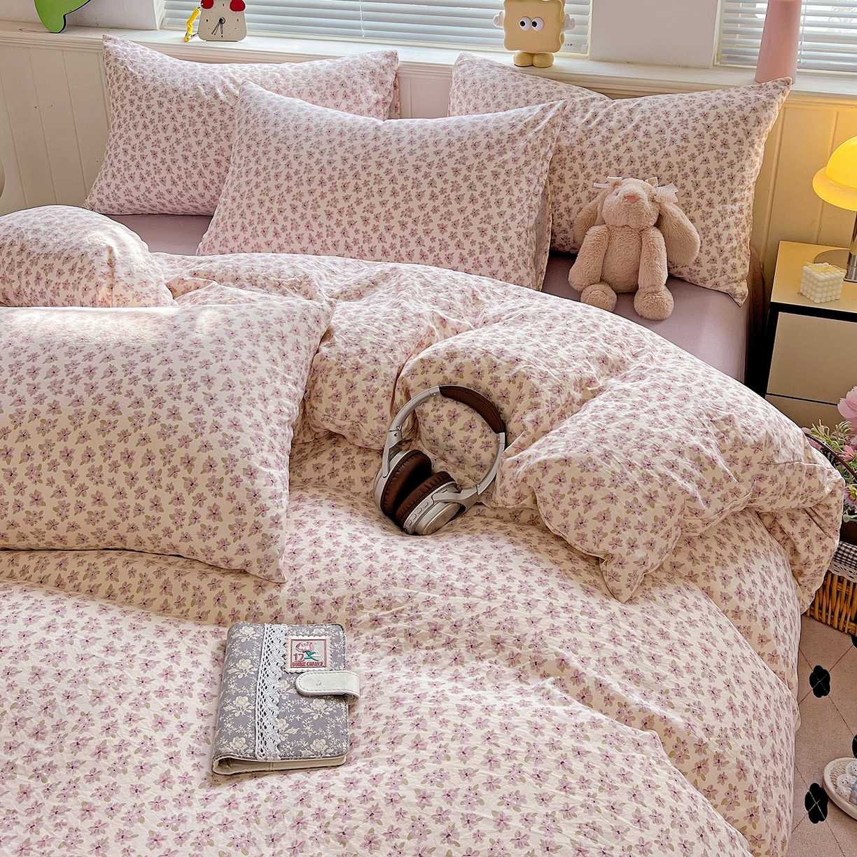 91家纺网 家纺一手货源 找家纺 优选 2025新款加厚爆款小布袋韩国古法水洗棉床单学生三件套床笠款四件套 春日花信