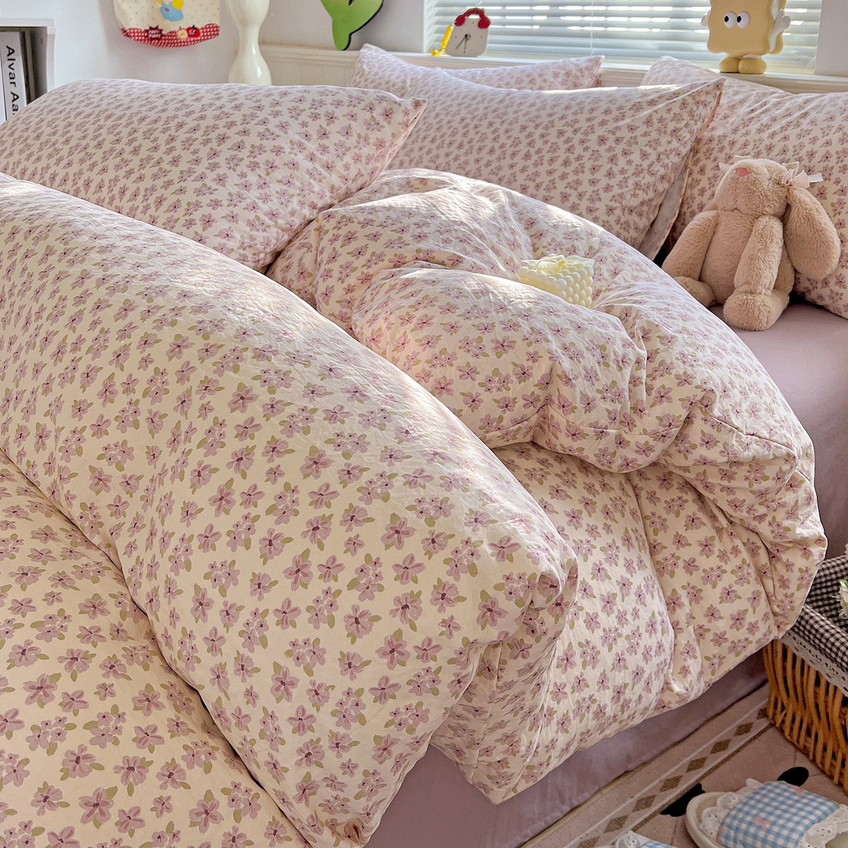 91家纺网 家纺一手货源 找家纺 优选 2025新款加厚爆款小布袋韩国古法水洗棉床单学生三件套床笠款四件套 春日花信