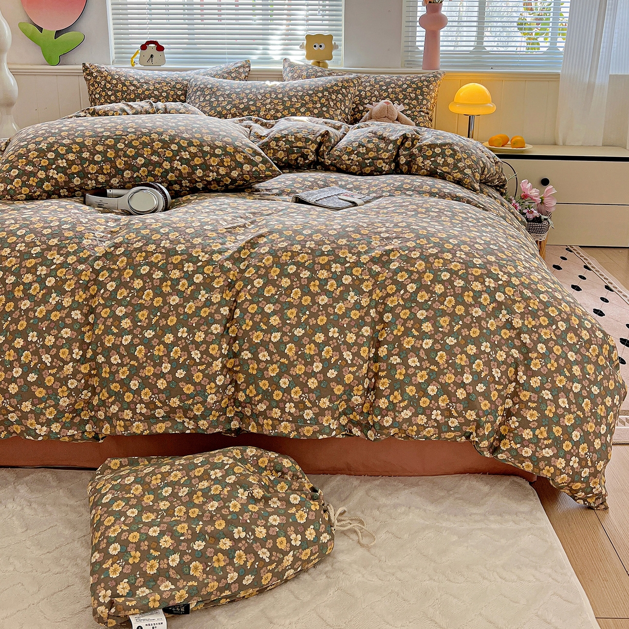 91家纺网 家纺一手货源 找家纺 优选 2025新款加厚爆款小布袋韩国古法水洗棉床单学生三件套床笠款四件套 复古花田