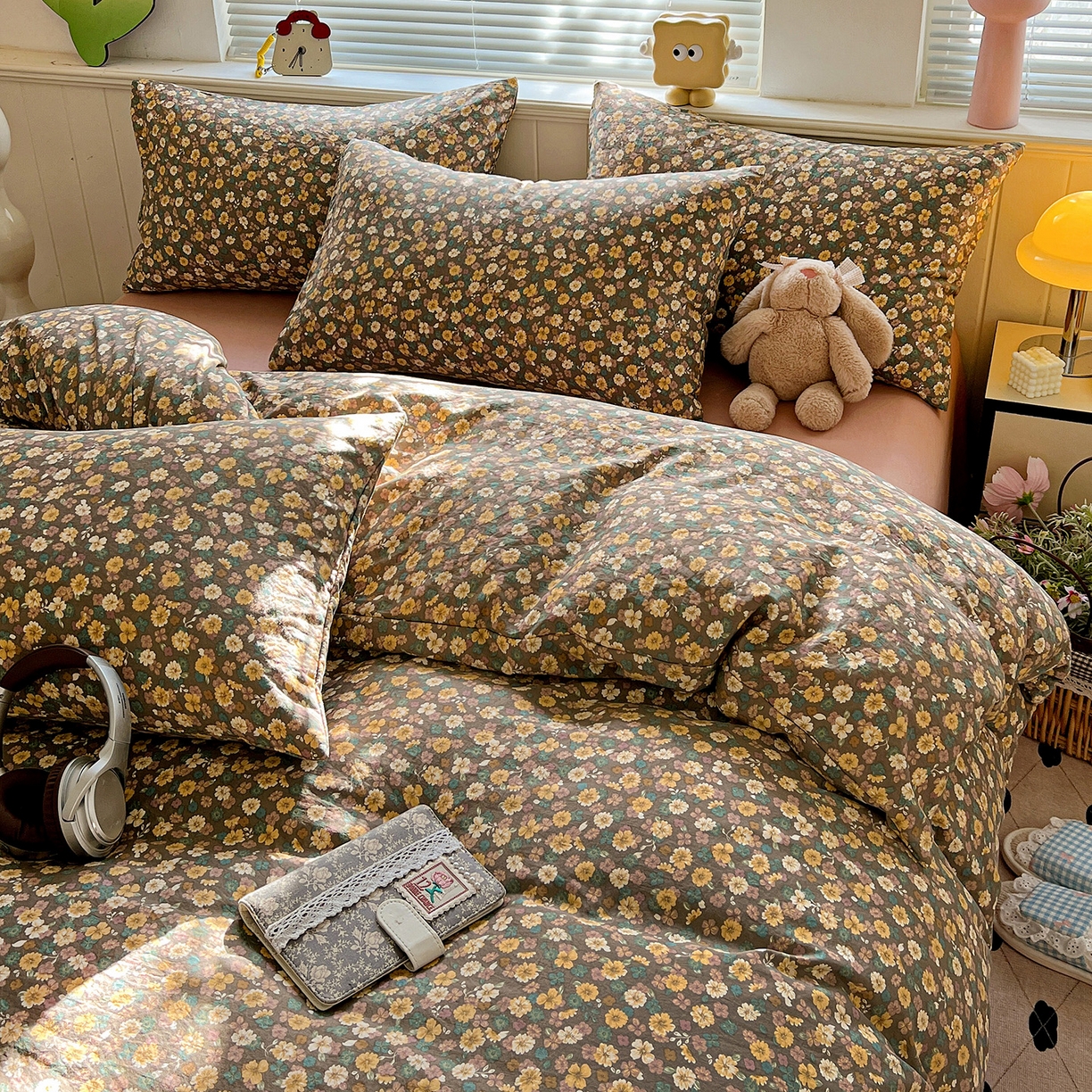 91家纺网 家纺一手货源 找家纺 优选 2025新款加厚爆款小布袋韩国古法水洗棉床单学生三件套床笠款四件套 复古花田