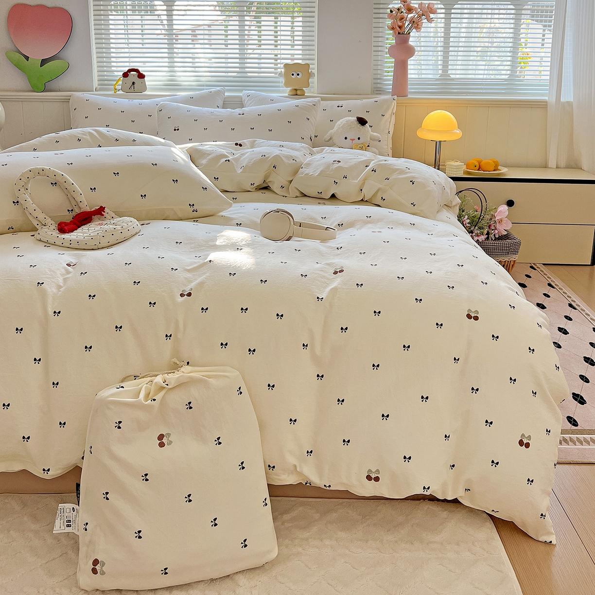 优选 2025新款加厚爆款小布袋韩国古法水洗棉床单学生三件套床笠款四件套 蝴蝶结日记