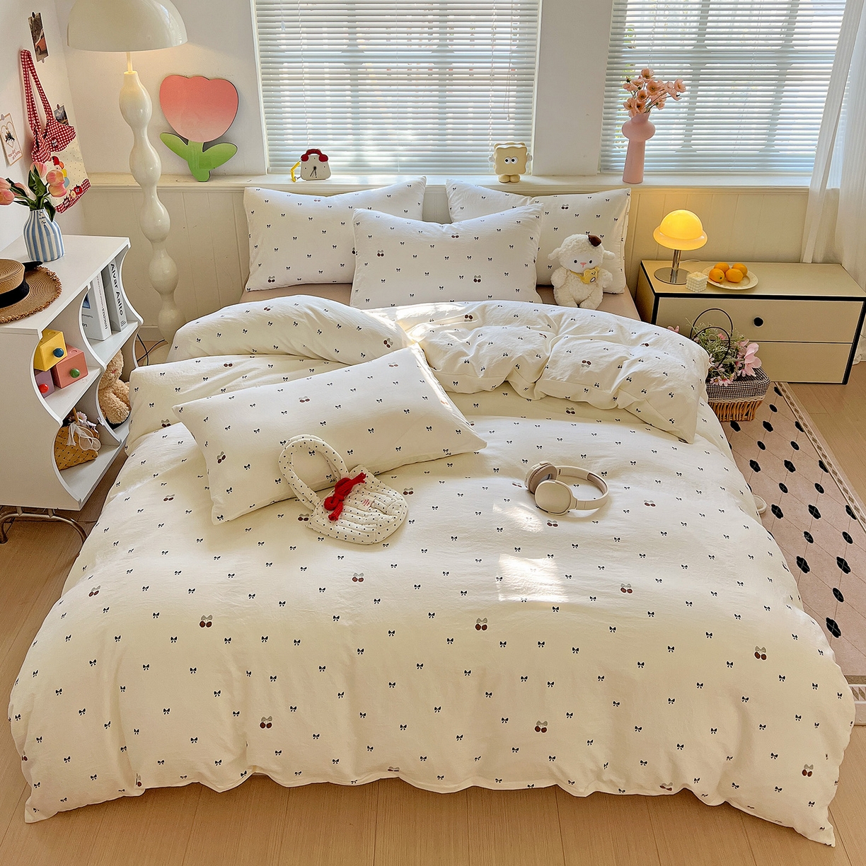 91家纺网 家纺一手货源 找家纺 优选 2025新款加厚爆款小布袋韩国古法水洗棉床单学生三件套床笠款四件套 蝴蝶结日记