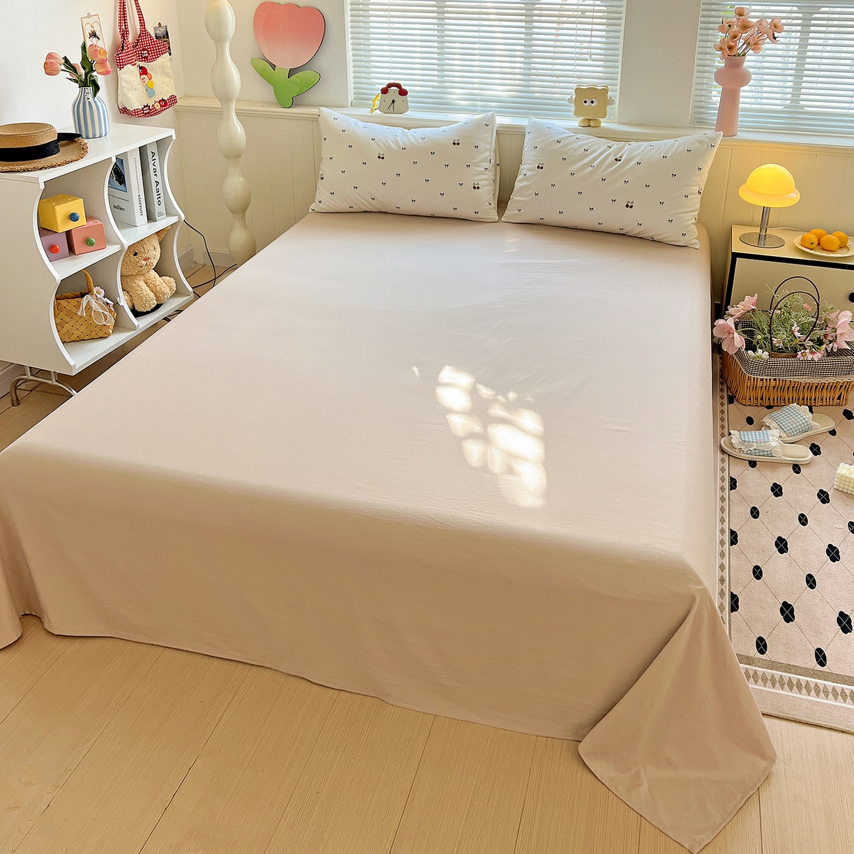 91家纺网 家纺一手货源 找家纺 优选 2025新款加厚爆款小布袋韩国古法水洗棉床单学生三件套床笠款四件套 蝴蝶结日记