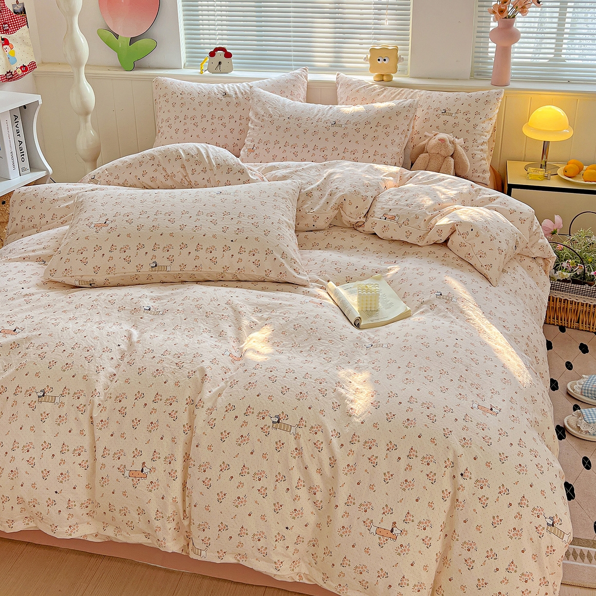 91家纺网 家纺一手货源 找家纺 优选 2025新款加厚爆款小布袋韩国古法高克重水洗棉床单学生三件套床笠款四件套 花田汪语