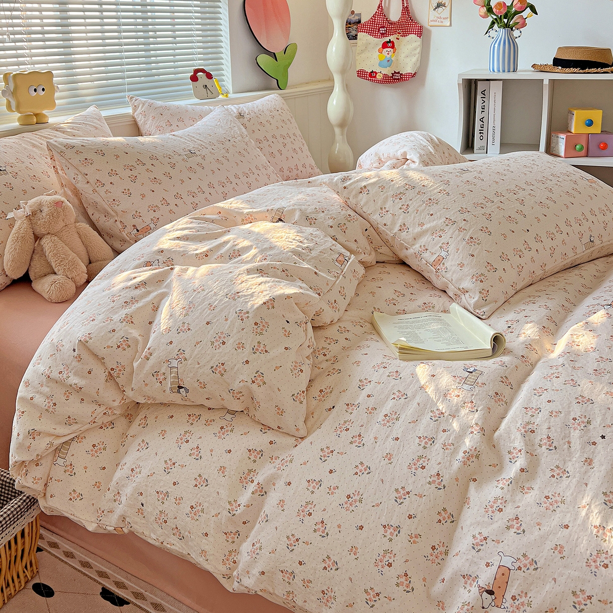 91家纺网 家纺一手货源 找家纺 优选 2025新款加厚爆款小布袋韩国古法高克重水洗棉床单学生三件套床笠款四件套 花田汪语