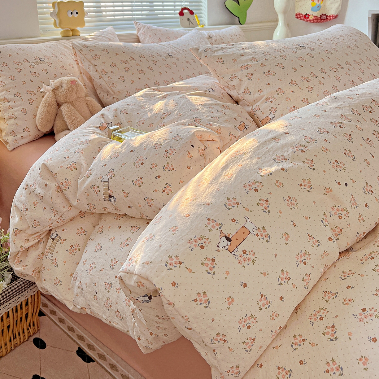 91家纺网 家纺一手货源 找家纺 优选 2025新款加厚爆款小布袋韩国古法高克重水洗棉床单学生三件套床笠款四件套 花田汪语