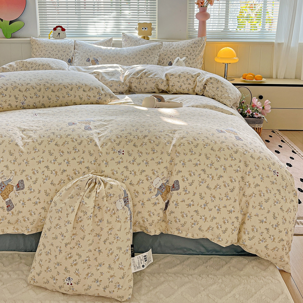 91家纺网 家纺一手货源 找家纺 （总）暖芯优选 2025新款加厚爆款小布袋韩国古法水洗棉床单学生三件套床笠款四件套