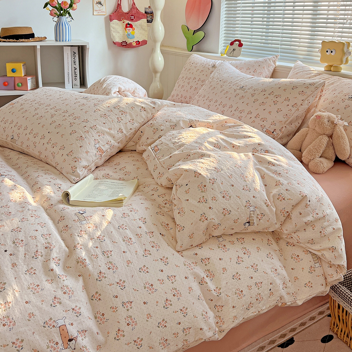 91家纺网 家纺一手货源 找家纺 优选 2025新款加厚爆款小布袋韩国古法高克重水洗棉床单学生三件套床笠款四件套 花田汪语