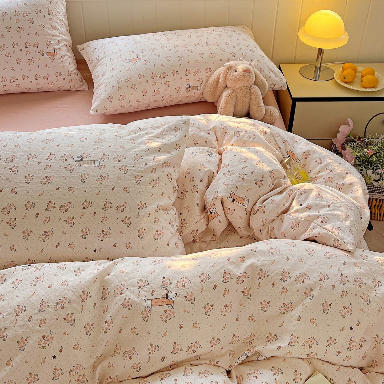 91家纺网 家纺一手货源 找家纺 优选 2025新款加厚爆款小布袋韩国古法高克重水洗棉床单学生三件套床笠款四件套 花田汪语