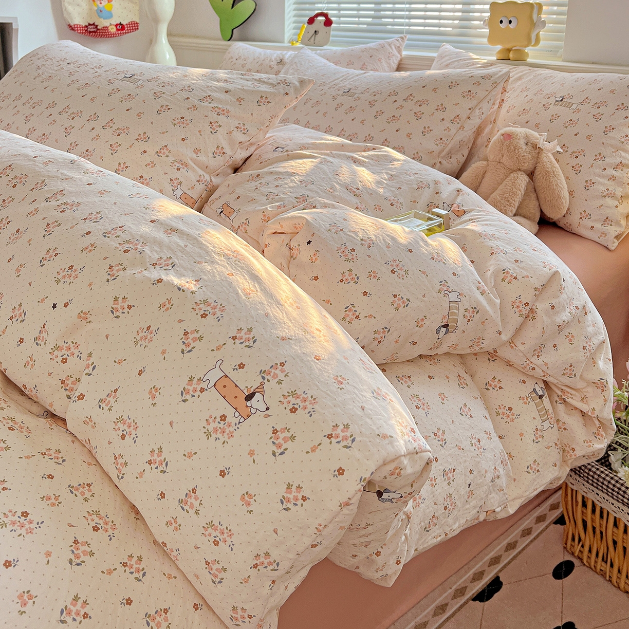 91家纺网 家纺一手货源 找家纺 优选 2025新款加厚爆款小布袋韩国古法高克重水洗棉床单学生三件套床笠款四件套 花田汪语