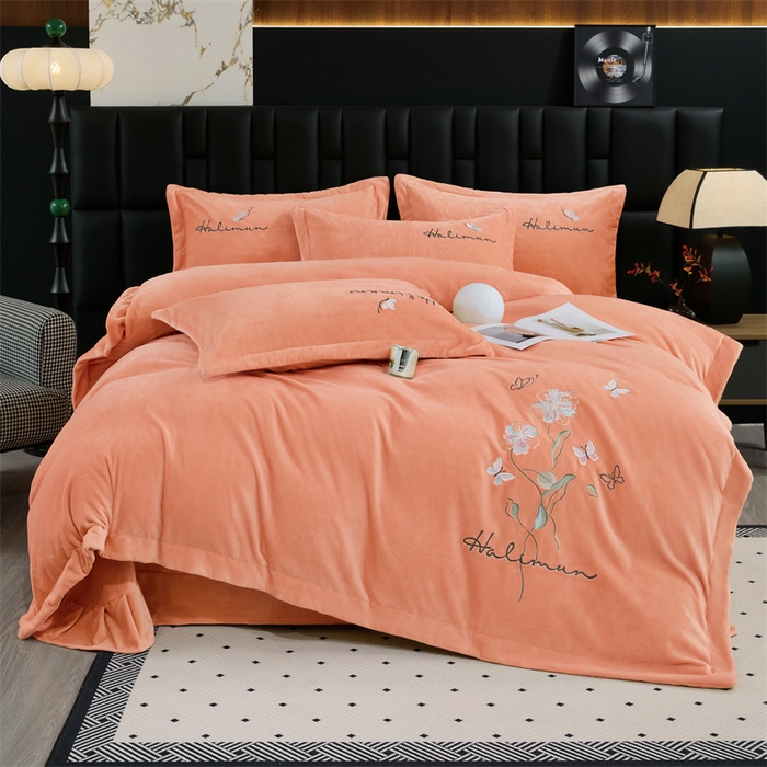 畅畅家纺 2025新款冬季9斤260克全消光全工艺宽边绣花慕斯绒四件套-几粒系列 几粒-橙色