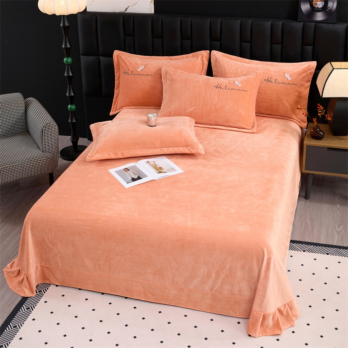 91家纺网 家纺一手货源 找家纺 畅畅家纺 2025新款冬季9斤260克全消光全工艺宽边绣花慕斯绒四件套-几粒系列 几粒-橙色