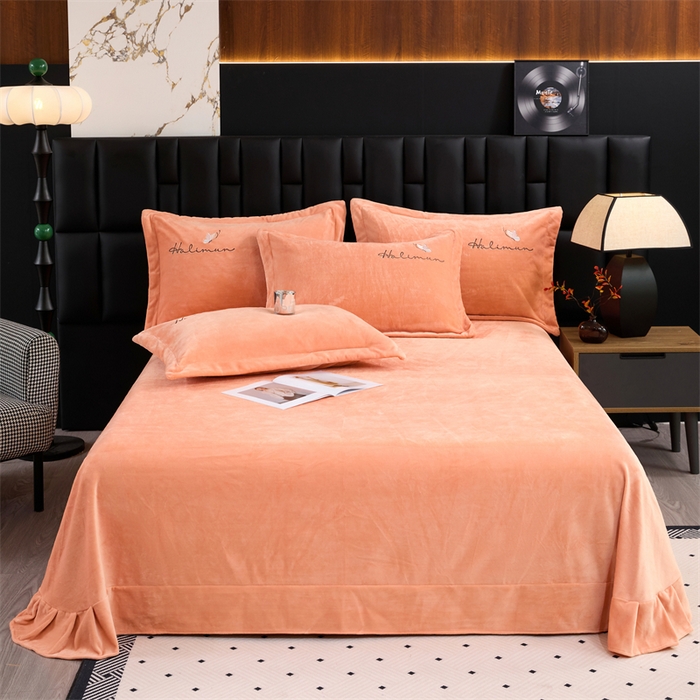 91家纺网 家纺一手货源 找家纺 畅畅家纺 2025新款冬季9斤260克全消光全工艺宽边绣花慕斯绒四件套-几粒系列 几粒-橙色