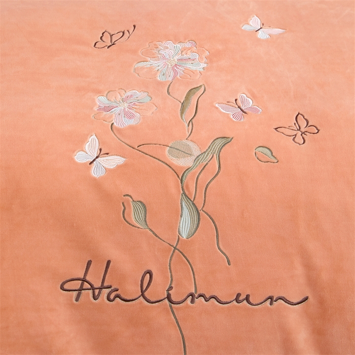 91家纺网 家纺一手货源 找家纺 畅畅家纺 2025新款冬季9斤260克全消光全工艺宽边绣花慕斯绒四件套-几粒系列 几粒-橙色