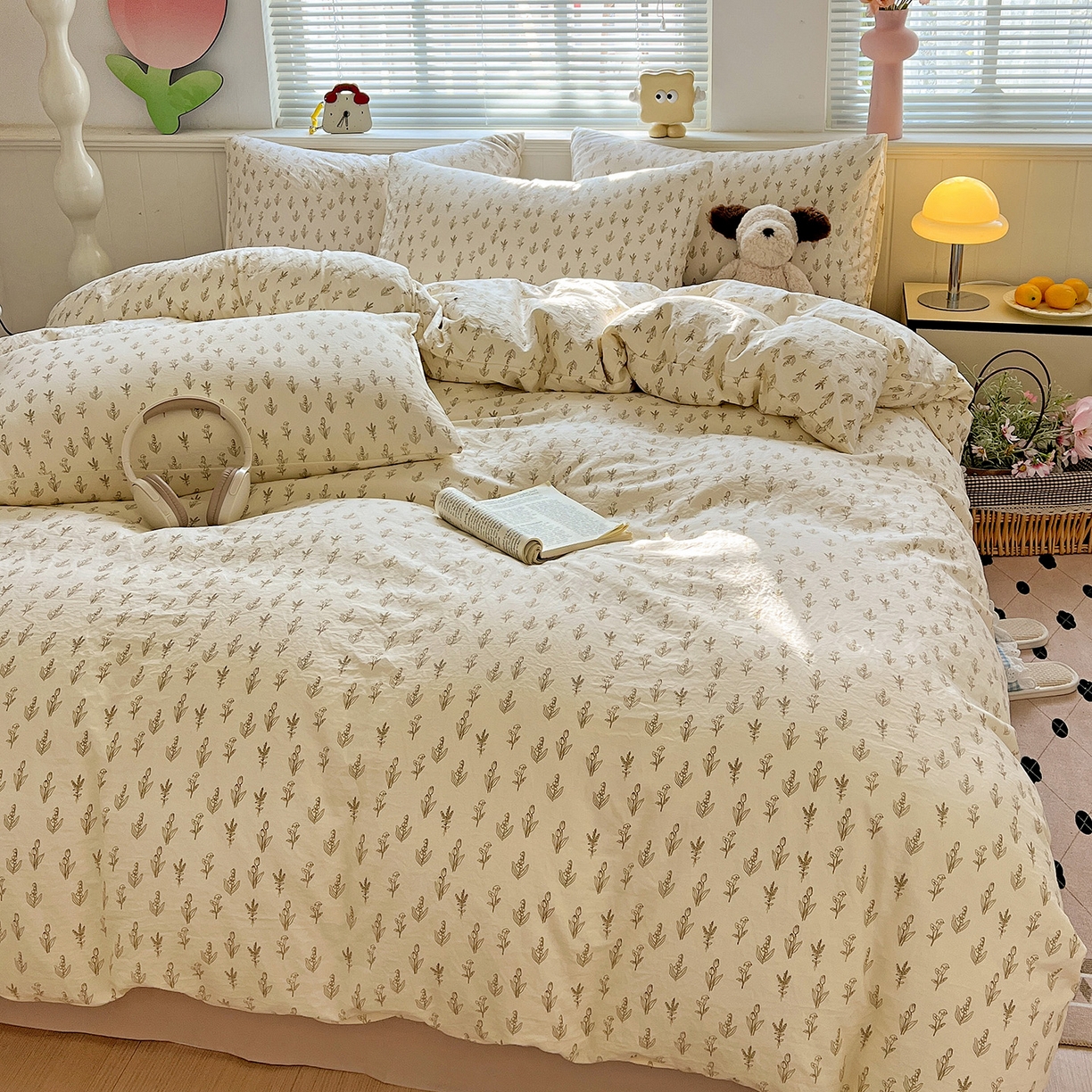 91家纺网 家纺一手货源 找家纺 优选 2025新款加厚爆款小布袋韩国古法水洗棉床单学生三件套床笠款四件套 素叶小筑